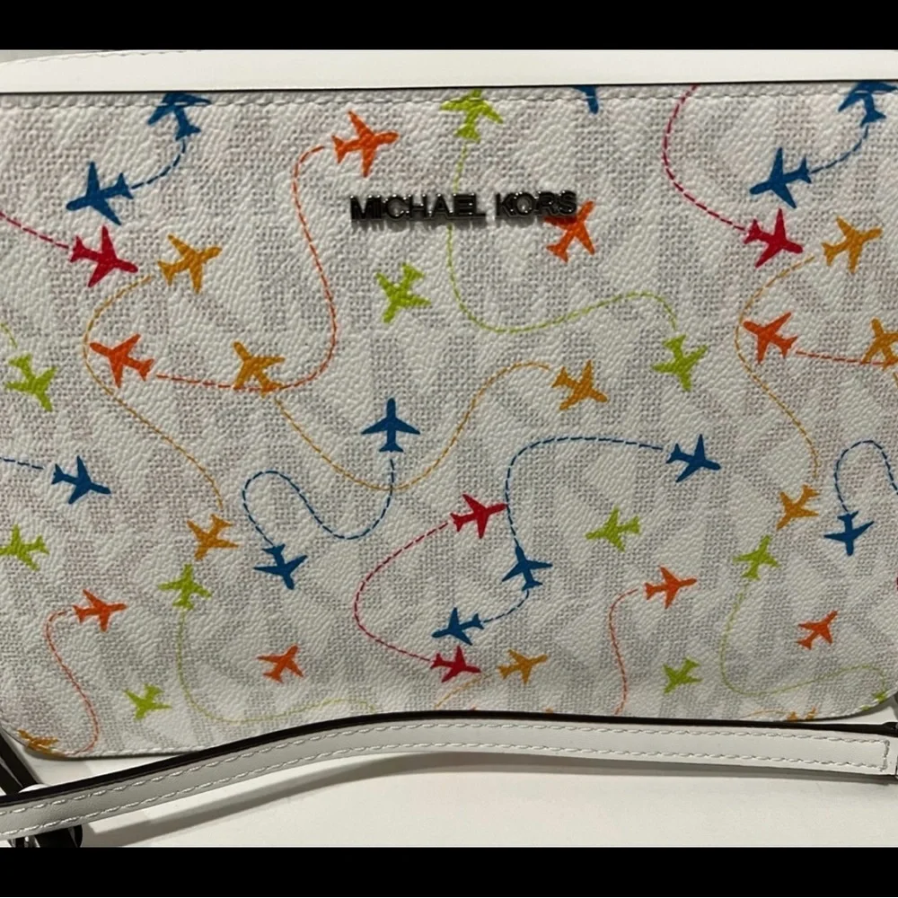 Michael Kors RARE Optic White W/Colorful Airplanes Crossbody